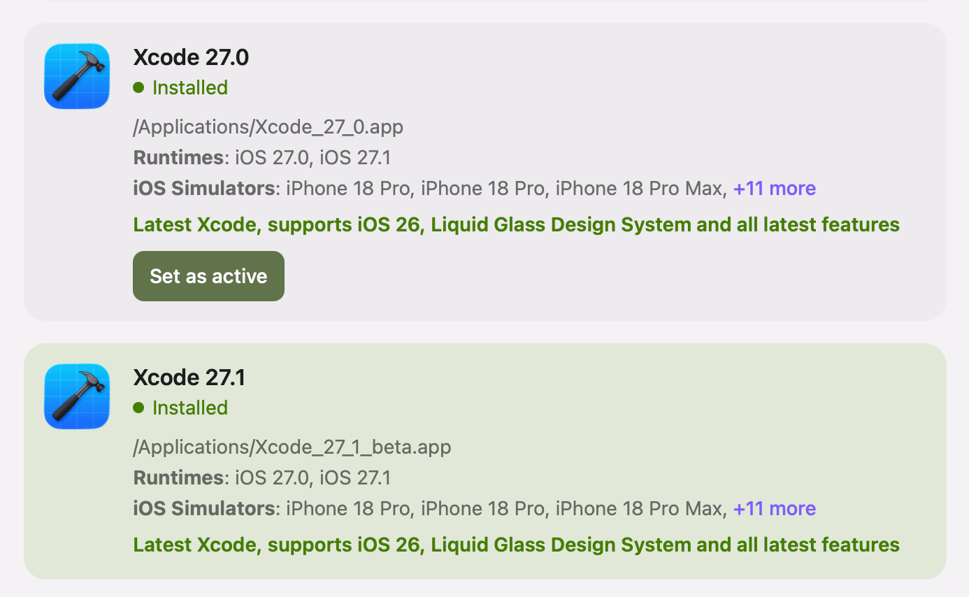 Modaal Set up Xcode panel with Xcode 27.1 at /Applications/Xcode_27_1_beta.app active and a Set as active button on Xcode 27.0