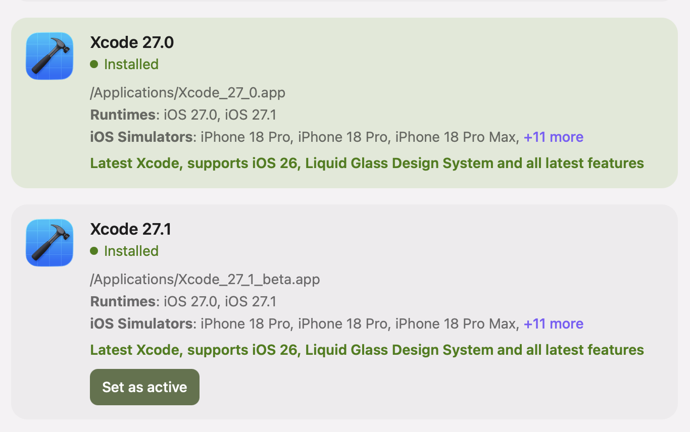 Modaal Set up Xcode panel with Xcode 27.0 at /Applications/Xcode_27_0.app active and a Set as active button on Xcode 27.1