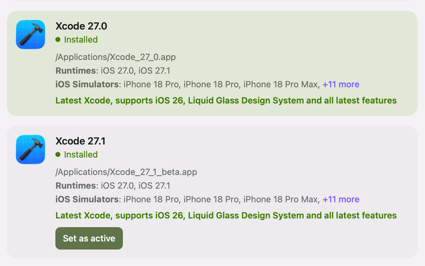 Modaal Set up Xcode panel with Xcode 27.0 at /Applications/Xcode_27_0.app active and a Set as active button on Xcode 27.1
