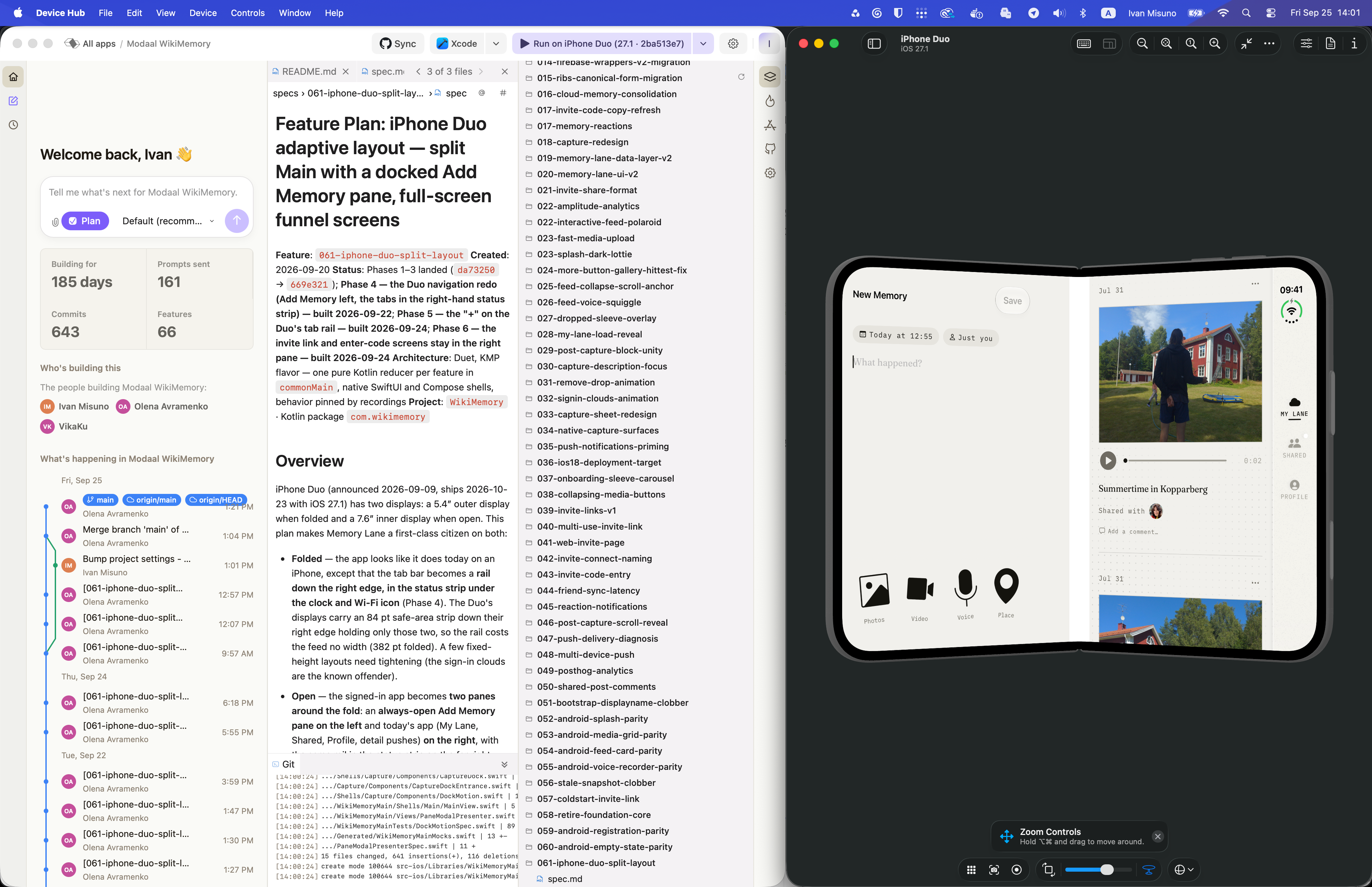 Modaal running Memory Lane on the iPhone Duo simulator with a two-pane layout, next to the feature spec for the iPhone Duo split layout