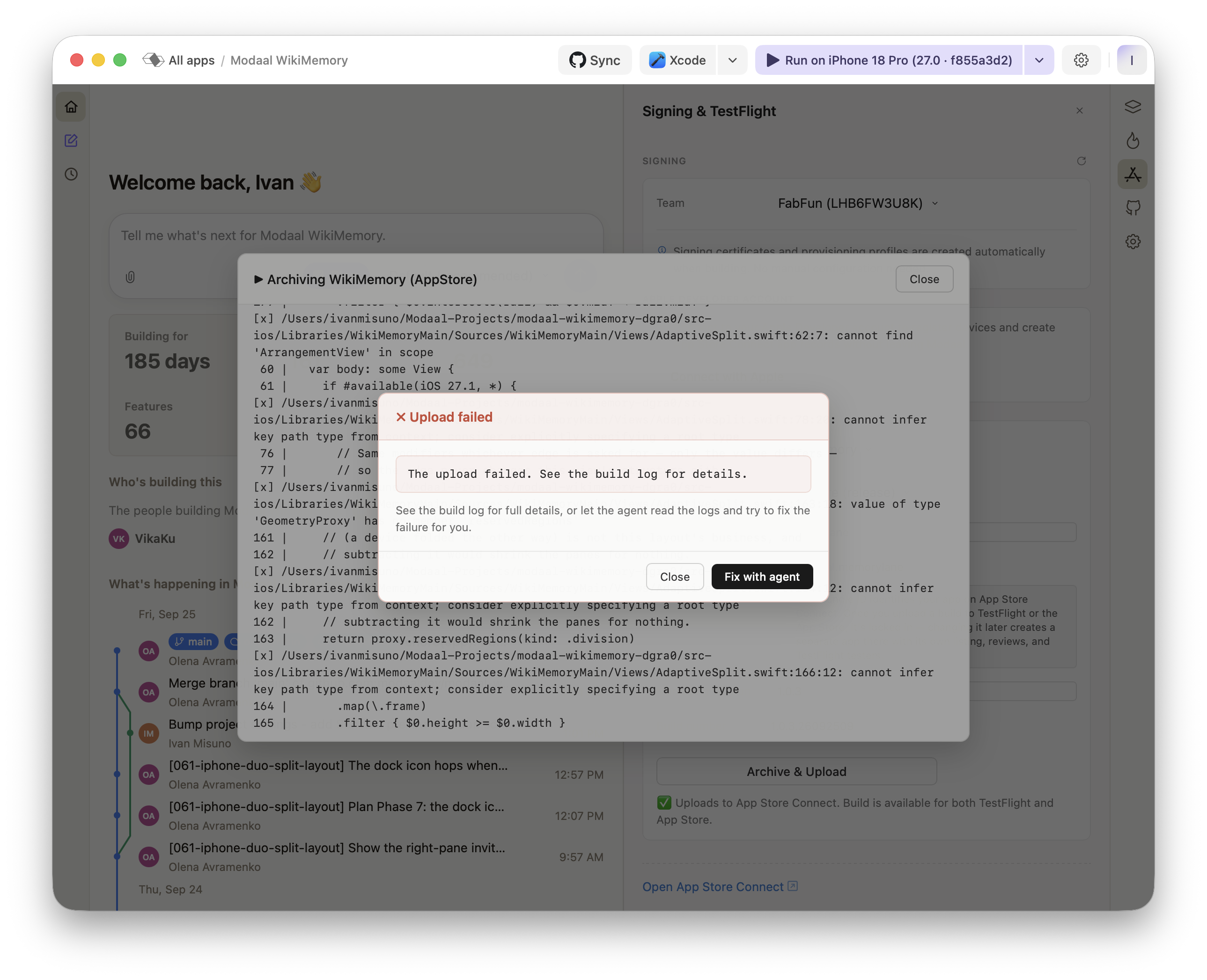 Modaal Upload failed dialog over the archive log, showing compile errors in AdaptiveSplit.swift