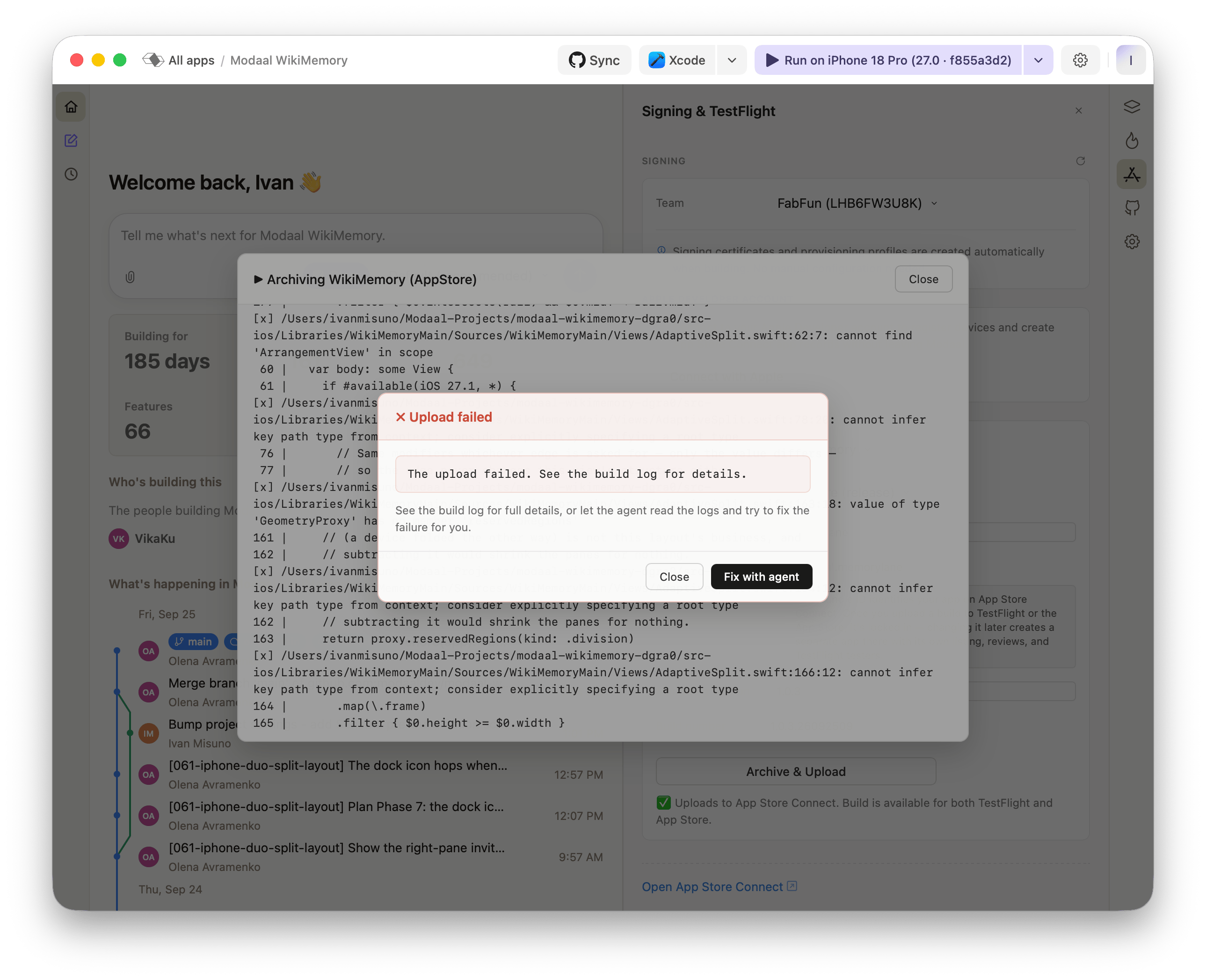 Modaal Upload failed dialog over the archive log, showing compile errors in AdaptiveSplit.swift