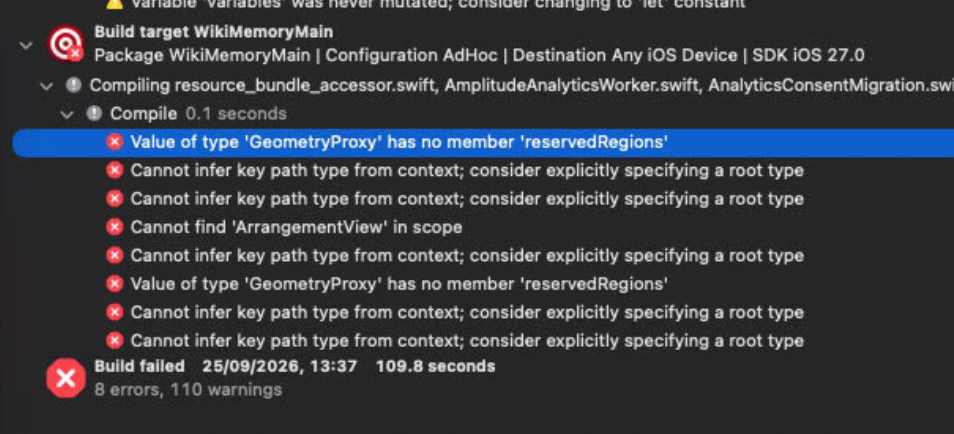 Xcode build log for target WikiMemoryMain with SDK iOS 27.0, showing 8 errors