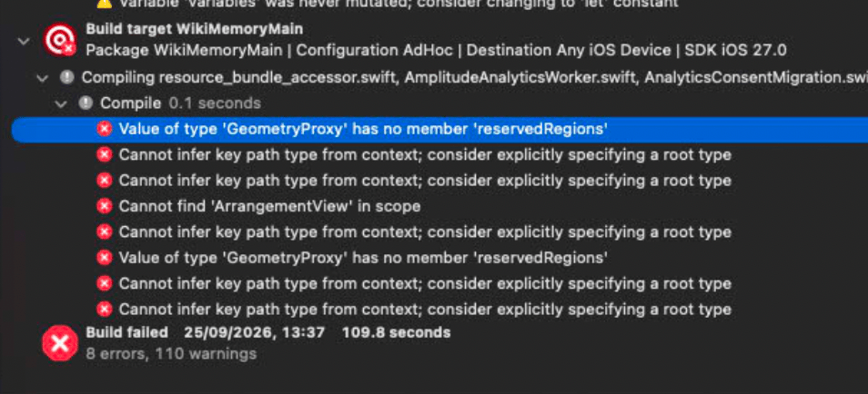 Xcode build log for target WikiMemoryMain with SDK iOS 27.0, showing 8 errors