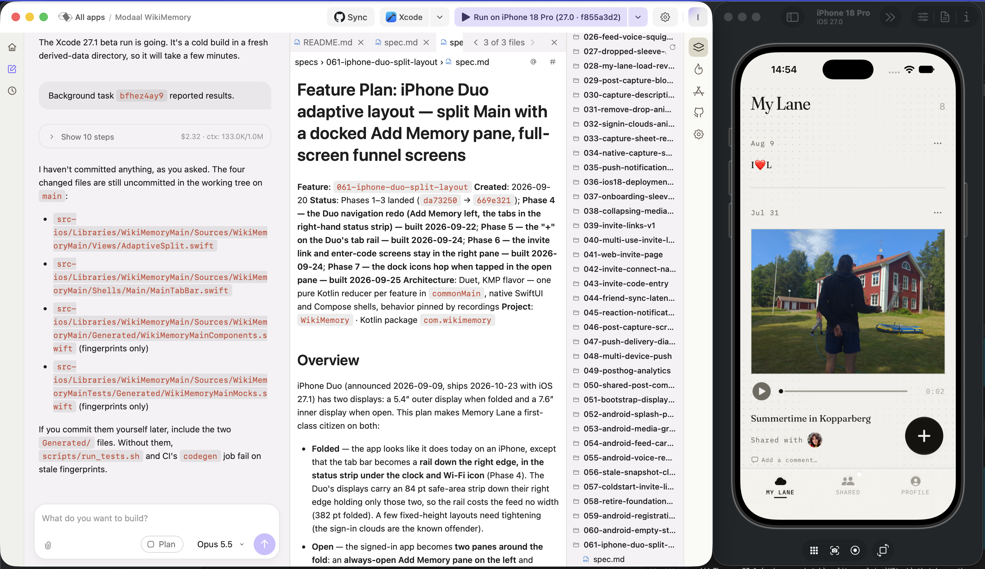 Modaal chat listing four changed files next to Memory Lane running on the iPhone 18 Pro simulator with iOS 27.0