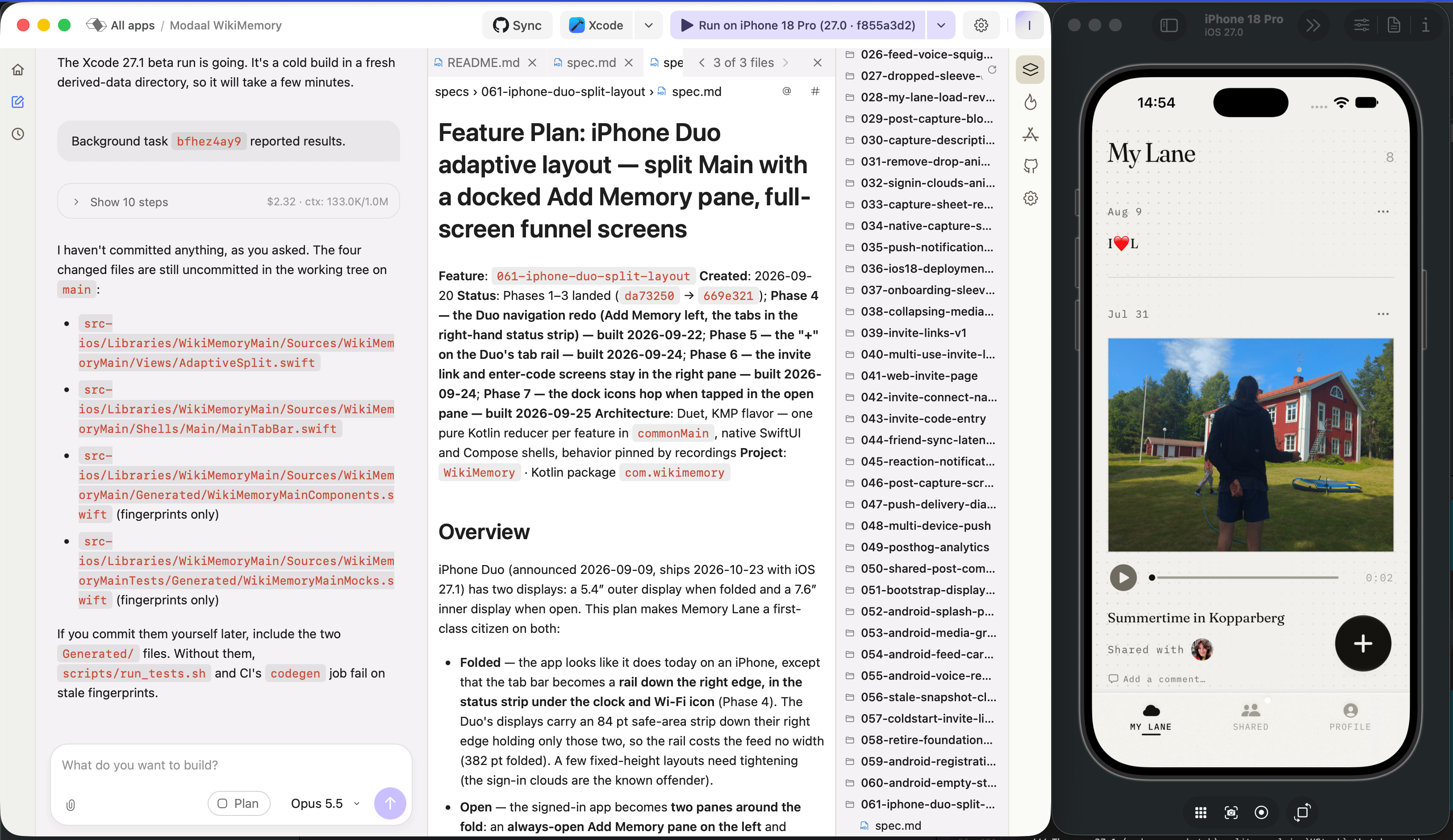 Modaal chat listing four changed files next to Memory Lane running on the iPhone 18 Pro simulator with iOS 27.0