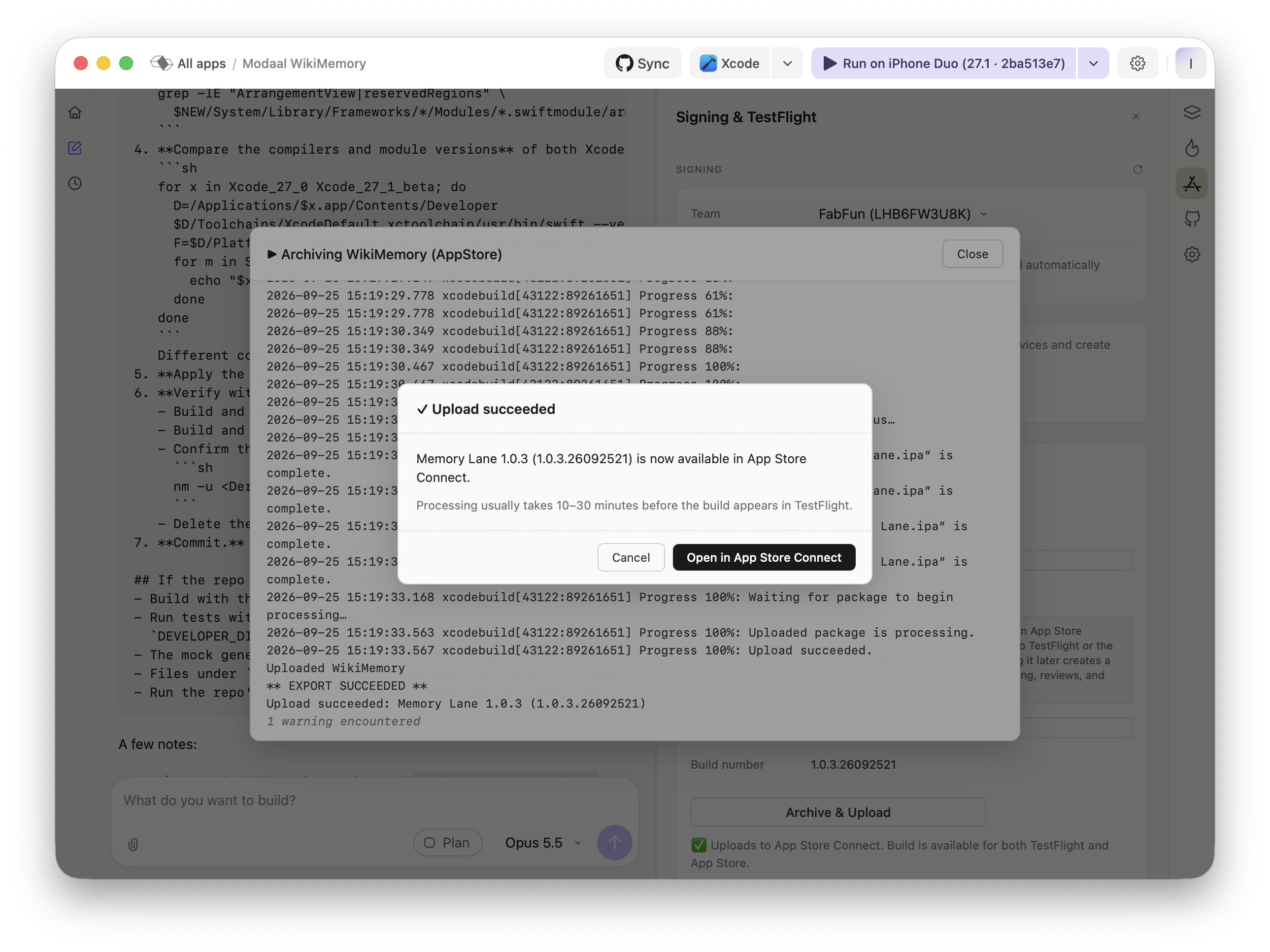 Modaal Upload succeeded dialog for Memory Lane 1.0.3 over the archive log