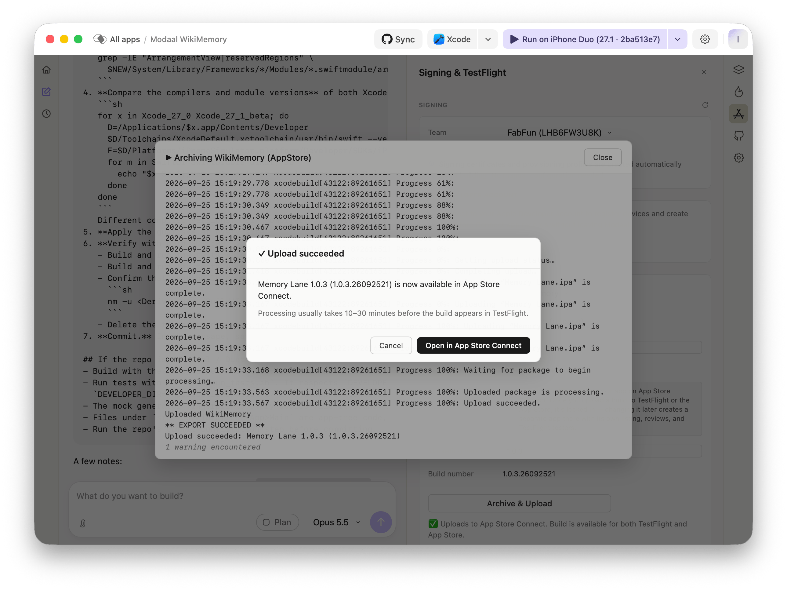 Modaal Upload succeeded dialog for Memory Lane 1.0.3 over the archive log