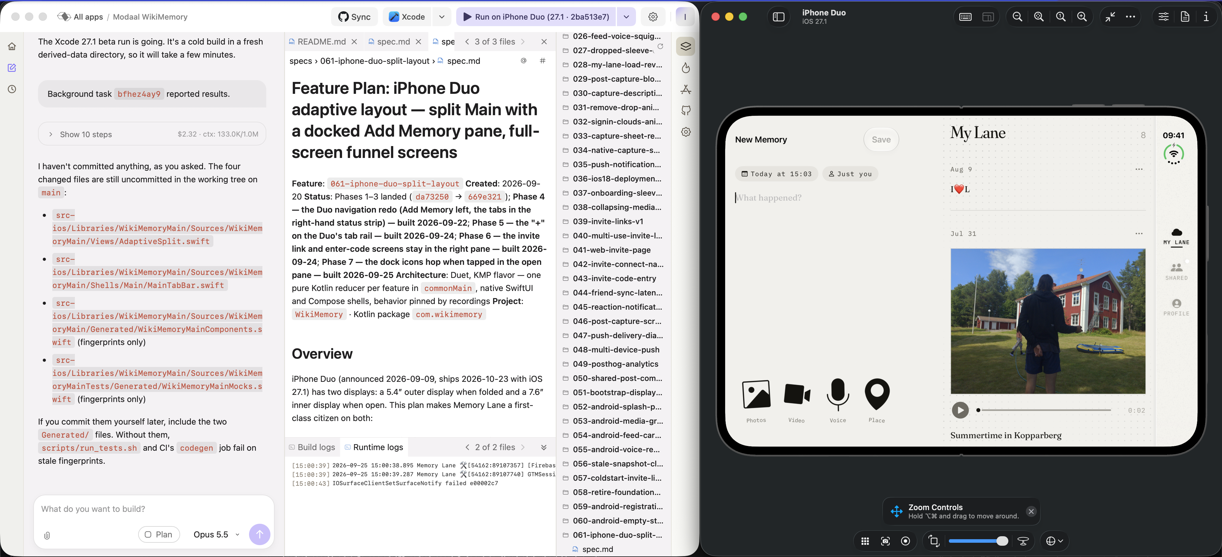 Memory Lane on the iPhone Duo simulator with iOS 27.1, showing the New Memory pane and the feed side by side