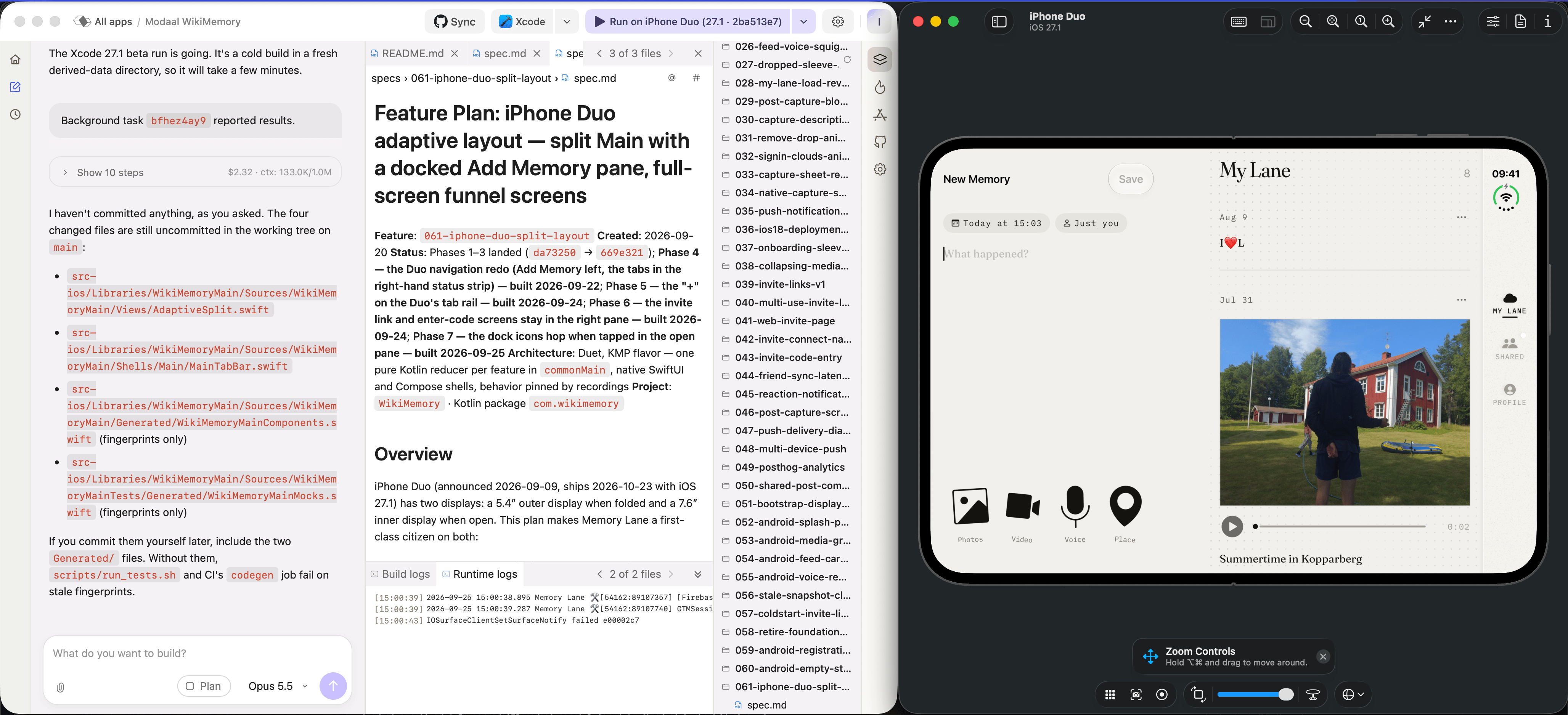 Memory Lane on the iPhone Duo simulator with iOS 27.1, showing the New Memory pane and the feed side by side