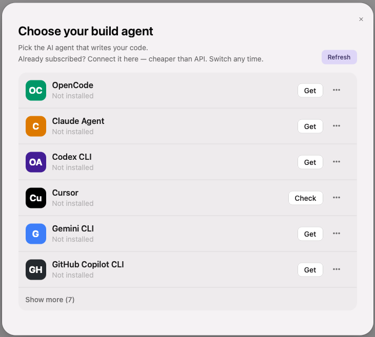 Choose your build agent panel listing available agents