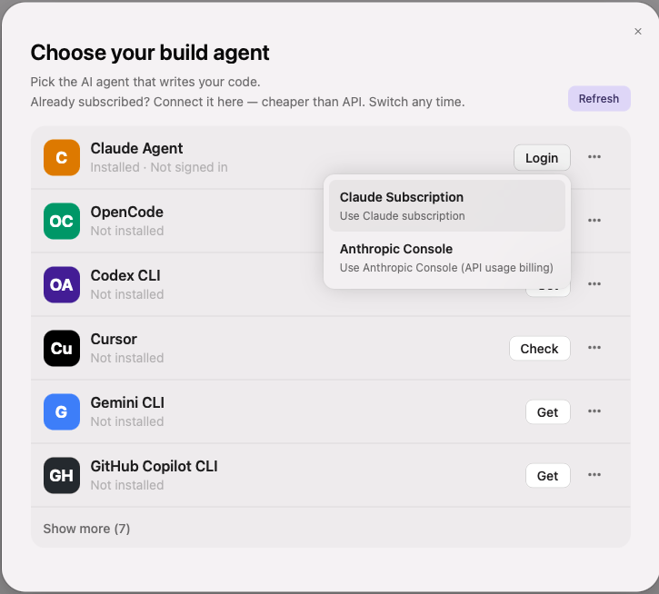 Login method menu showing Claude Subscription and Anthropic Console