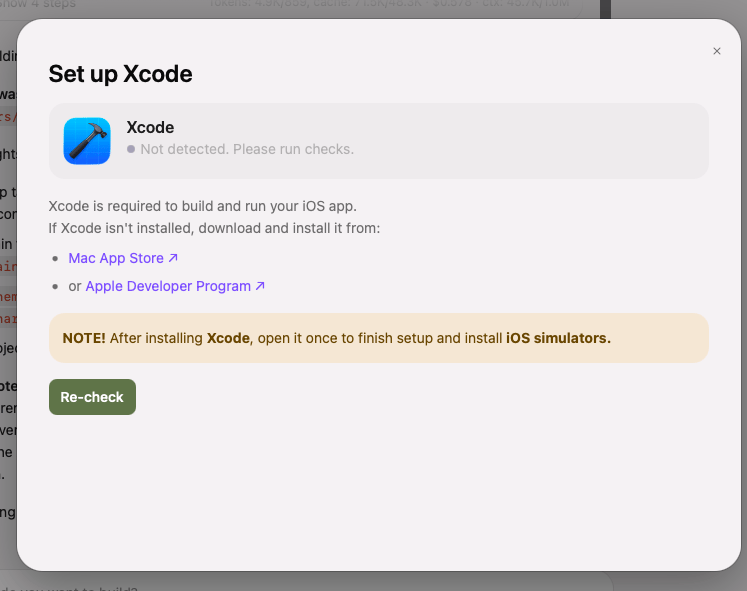 Set up Xcode panel showing Not detected