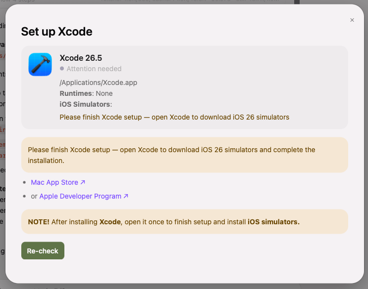 Set up Xcode panel showing Attention needed with no simulators