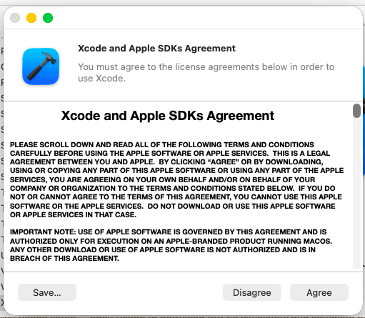 Xcode and Apple SDKs Agreement dialog