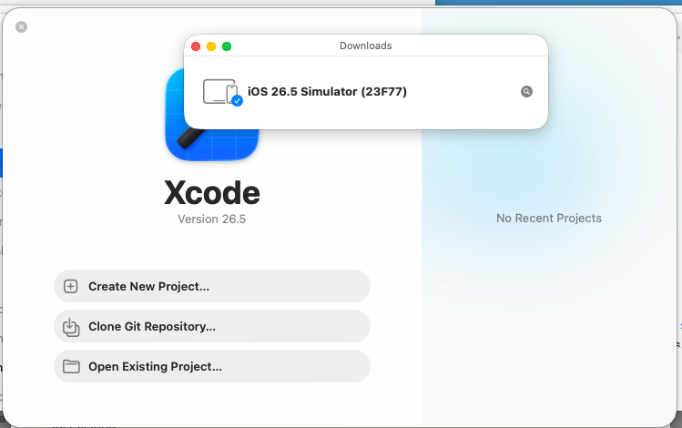 iOS simulator download complete, Xcode welcome window