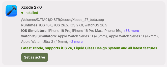 An Xcode installation card with a Set as active button
