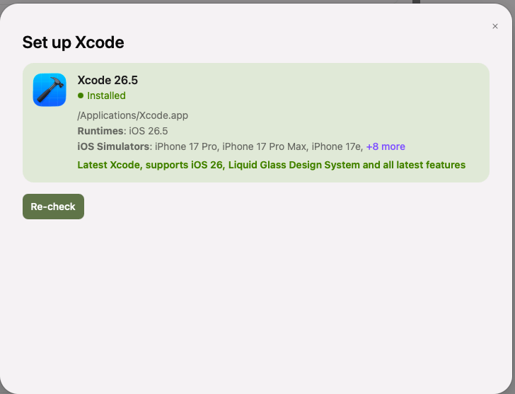 Set up Xcode panel showing Installed and ready