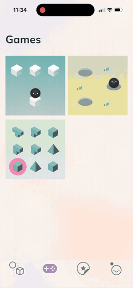 A 2D game running on iPhone: a games grid, a countdown, then an arithmetic mini-game with sprite characters, hearts, a score and a timer