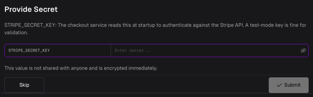 Provide Secret card with a masked value field and show/hide toggle