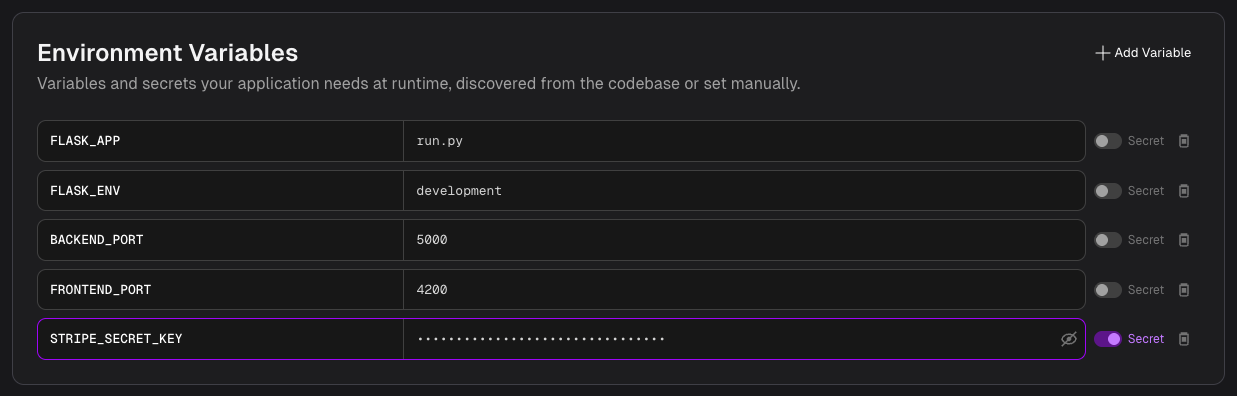 Environment Variables section with a plain variable and a masked secret