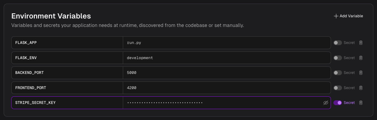 Environment Variables section with a plain variable and a masked secret