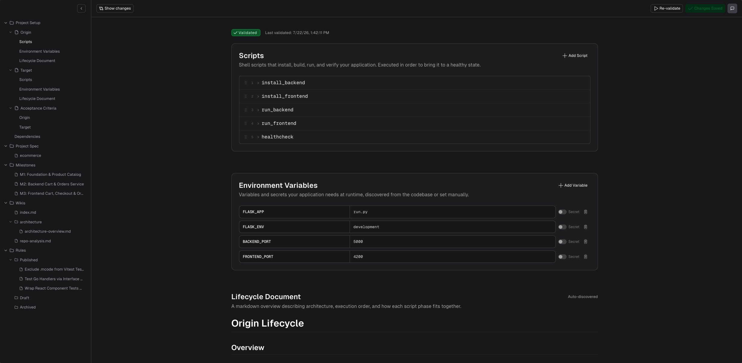 Project Setup tree and content panel in the Project Knowledge drawer