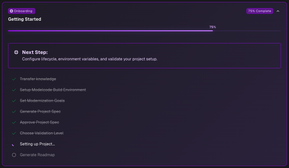 Roadmap onboarding checklist with the Project Setup stage in progress