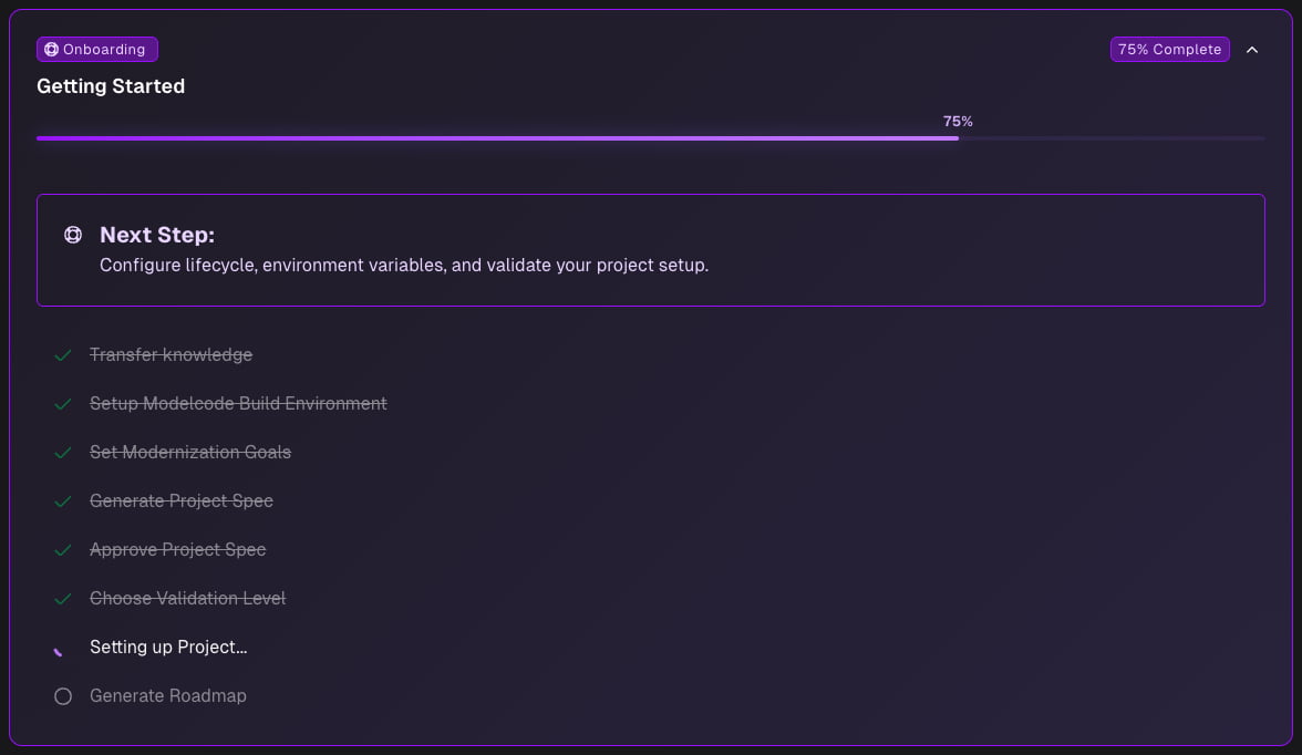Roadmap onboarding checklist with the Project Setup stage in progress