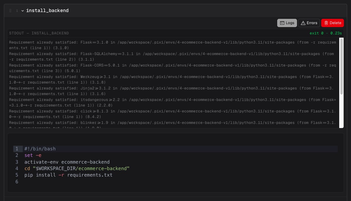 Expanded script showing the inline editor, log viewer, and action buttons