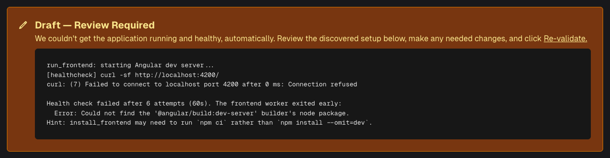 Draft — Review Required banner with validation output
