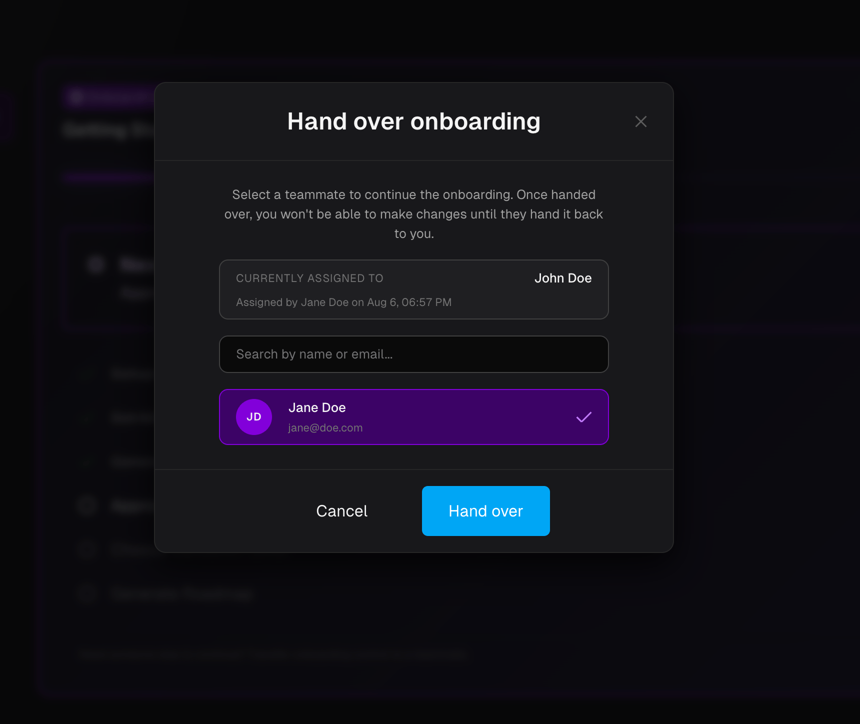 Hand over onboarding dialog with a teammate selected
