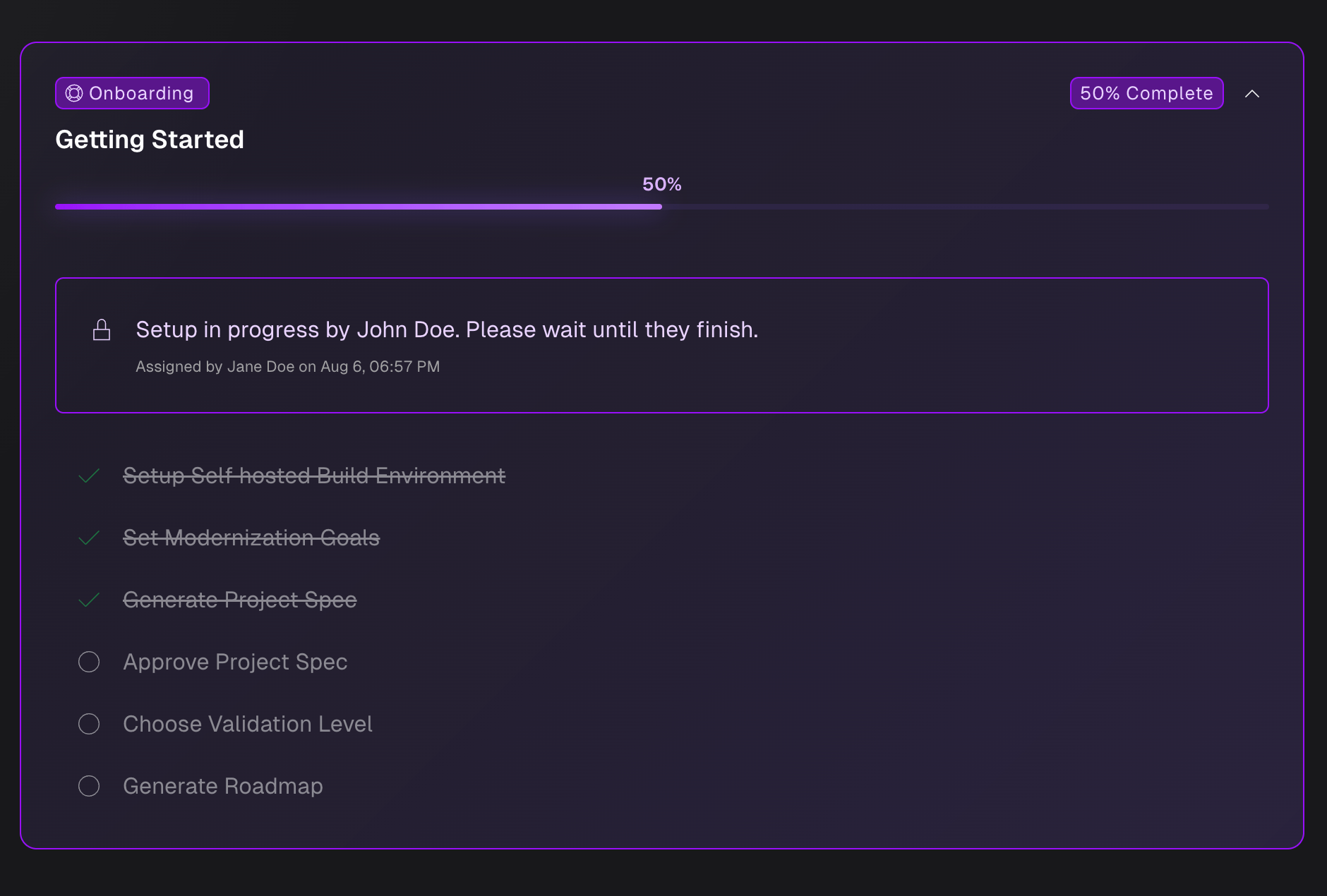Roadmap showing setup in progress by another team member