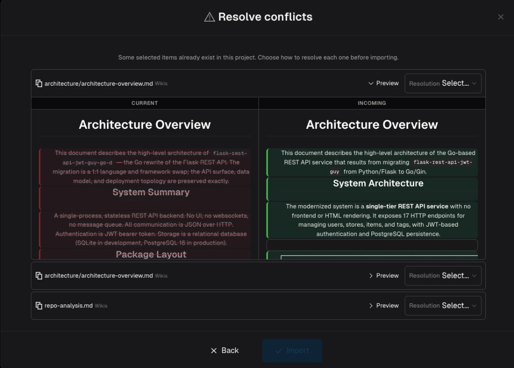 Resolve conflicts dialog showing side-by-side diff of current vs incoming content