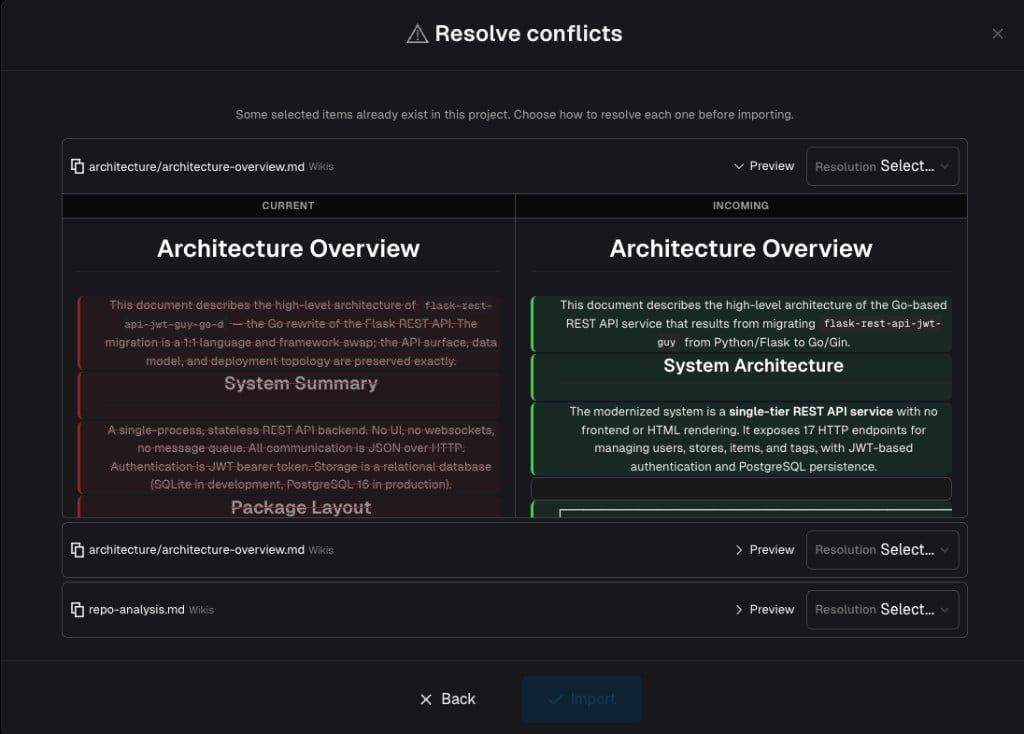 Resolve conflicts dialog showing side-by-side diff of current vs incoming content