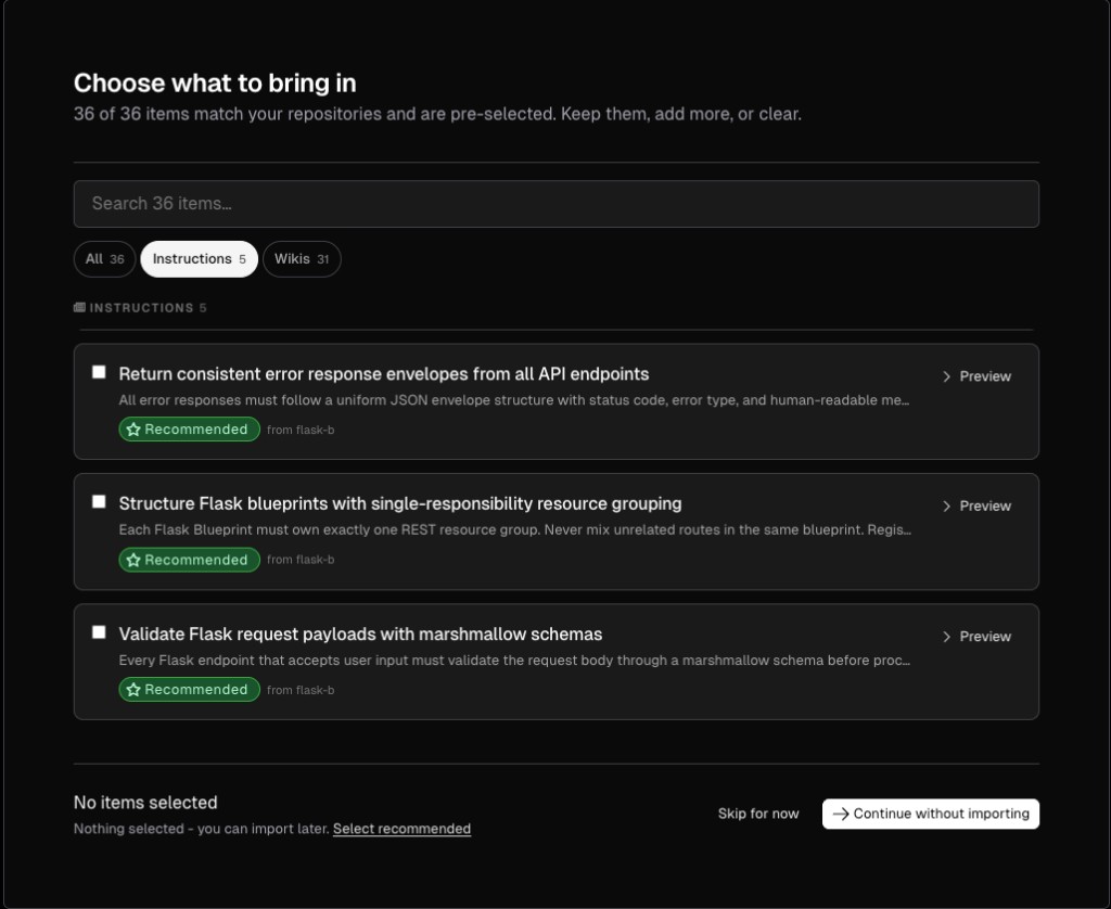 Knowledge transfer drawer showing items with checkboxes, category tabs, and import footer