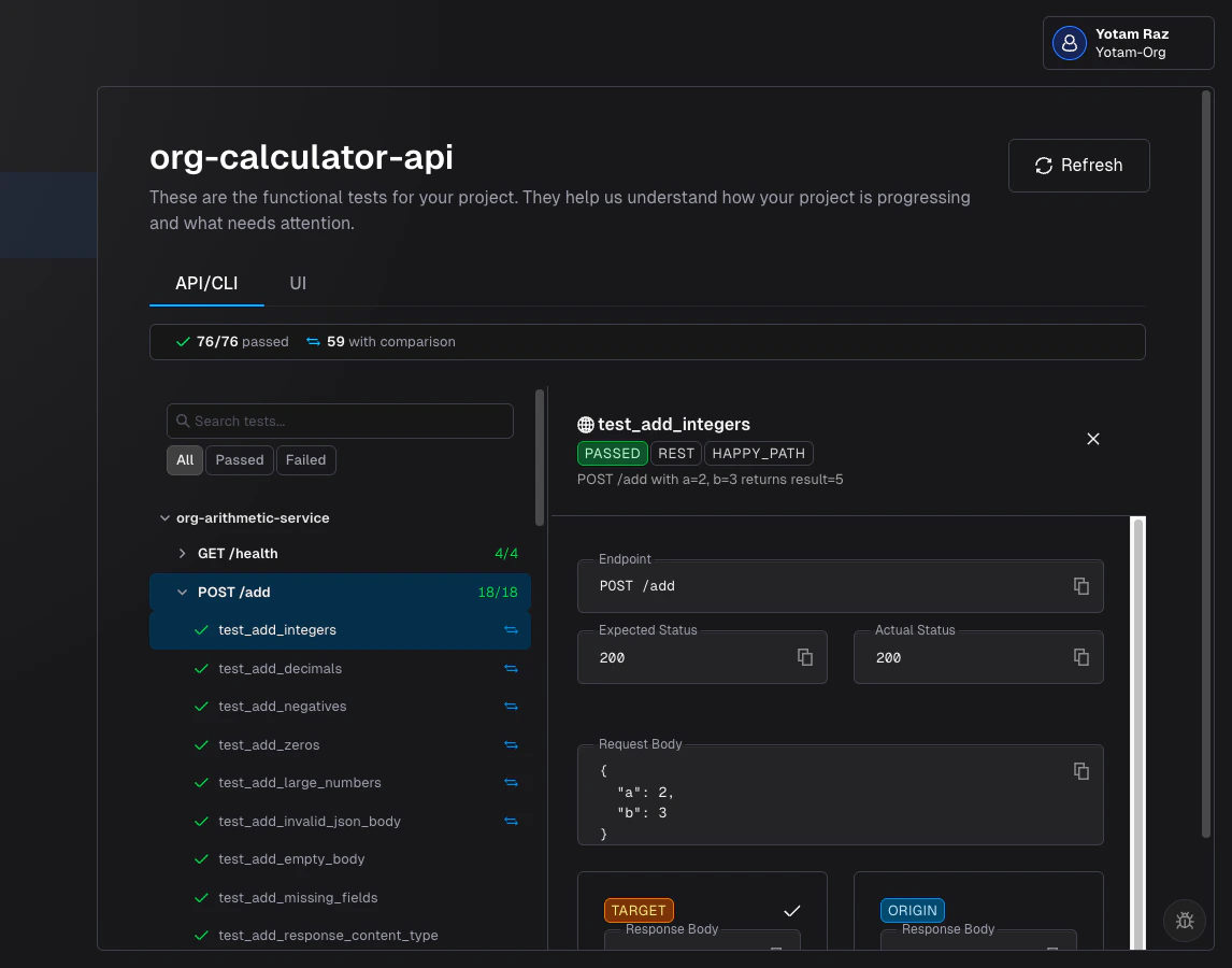 API test detail panel with origin and target response comparison