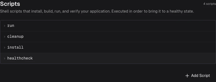 Scripts section with four lifecycle scripts