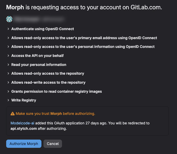 GitLab OAuth consent — Morph is requesting access, scope list, Authorize Morph and Cancel
