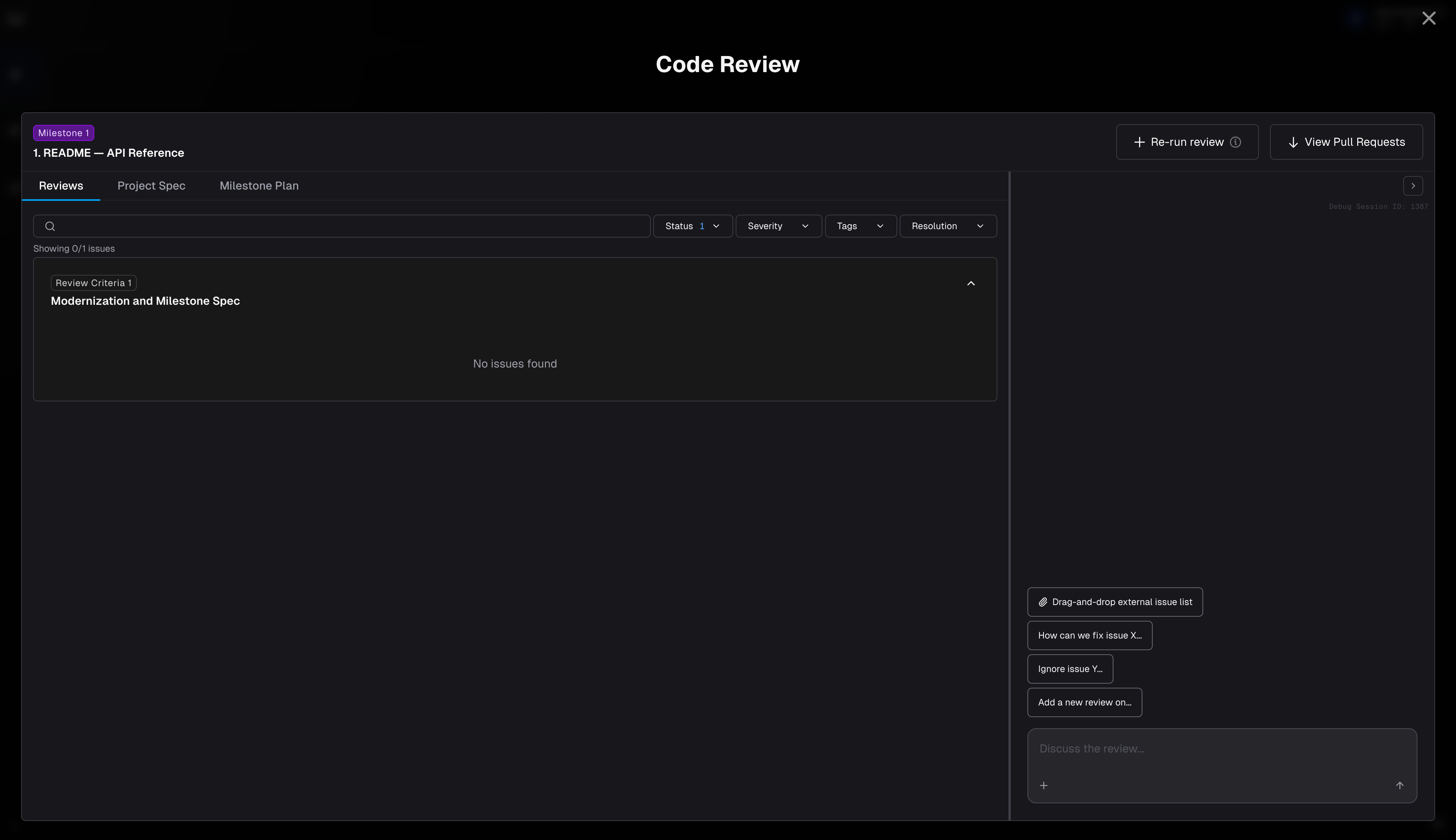 Code Review drawer with issues list and chat panel