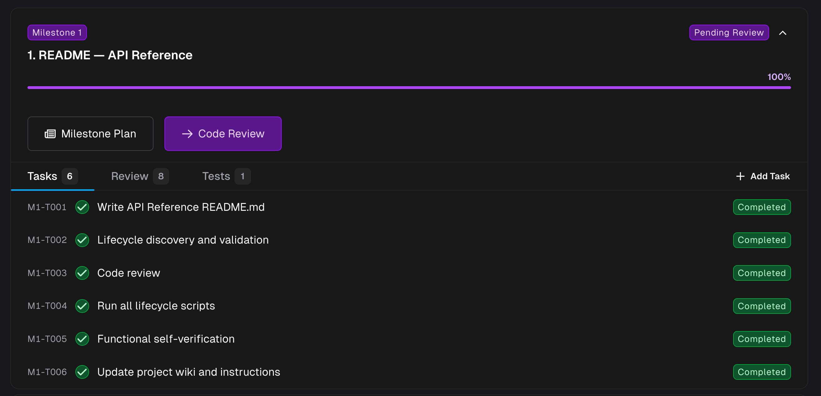 Milestone card on Roadmap with entrypoint to Code Review drawer