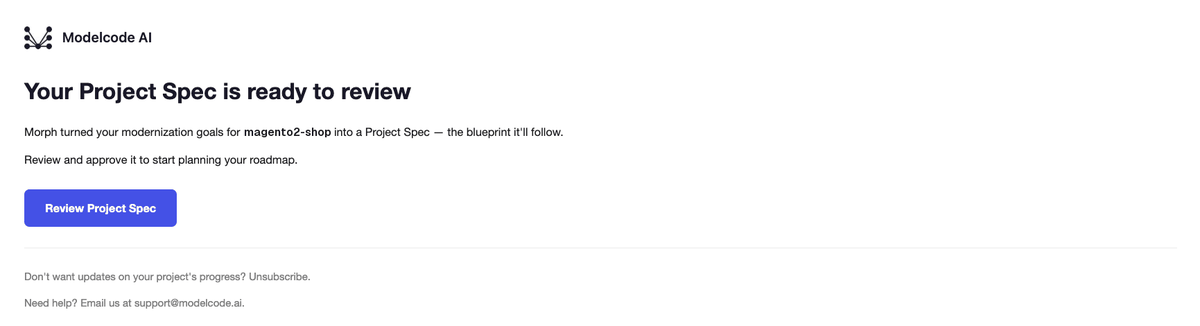 Email reading: Your Project Spec is ready to review, with a Review Project Spec button