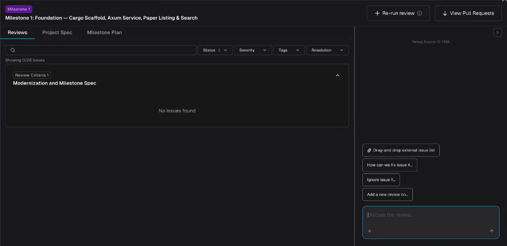 Milestone review hub with issues list and chat panel