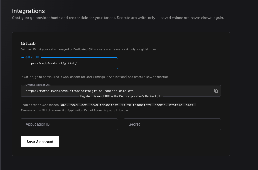 Modelcode Integrations page: GitLab section with GitLab URL entered, the read-only OAuth Redirect URI, the required scopes, and empty Application ID and Secret fields above Save & connect