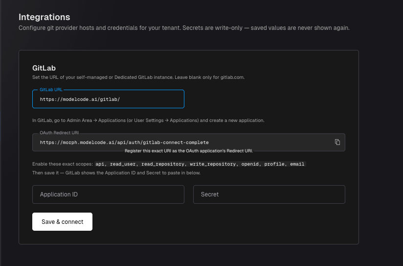 Modelcode Integrations page: GitLab section with GitLab URL entered, the read-only OAuth Redirect URI, the required scopes, and empty Application ID and Secret fields above Save & connect