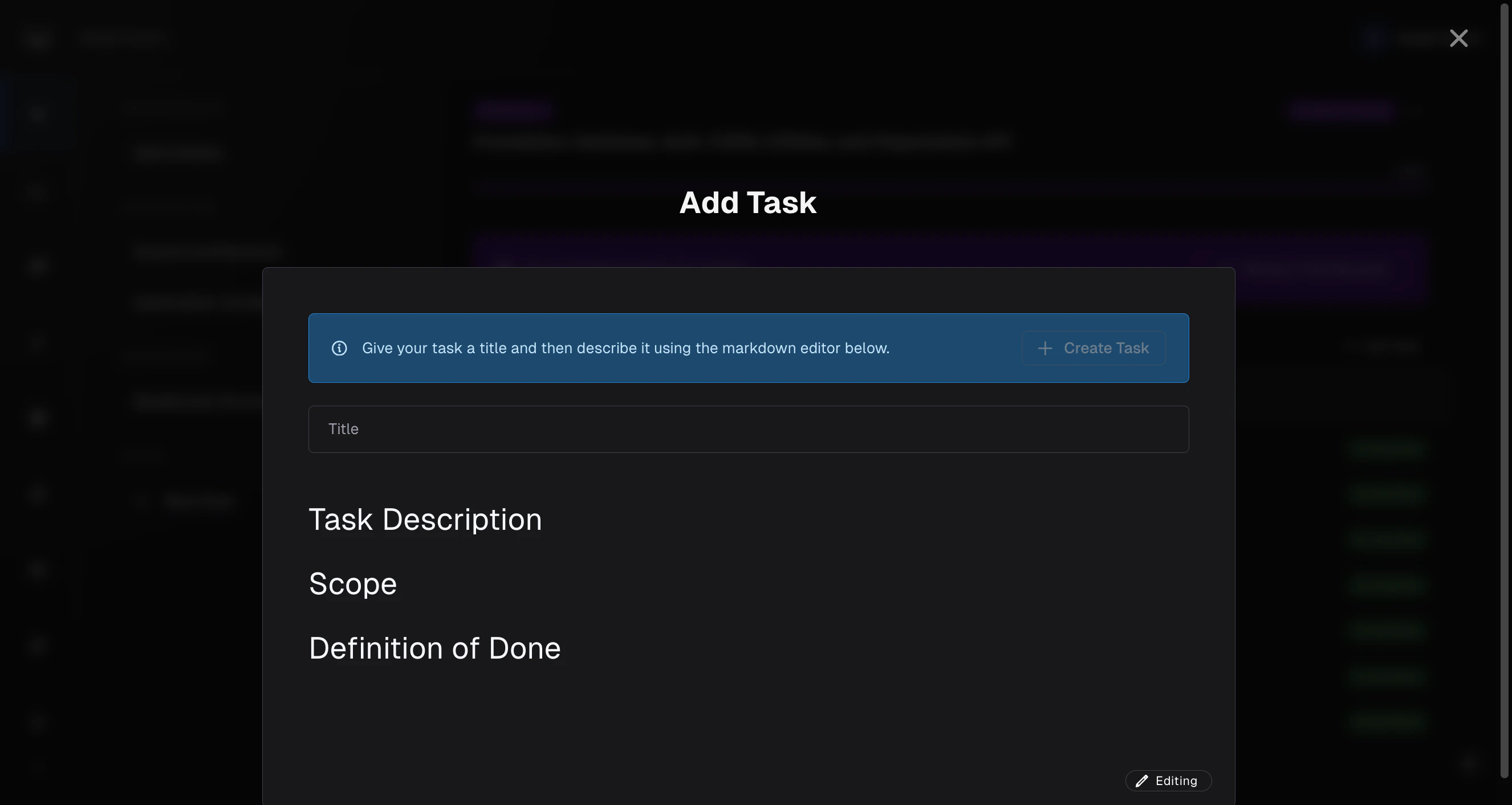 Adhoc task form with title and description template