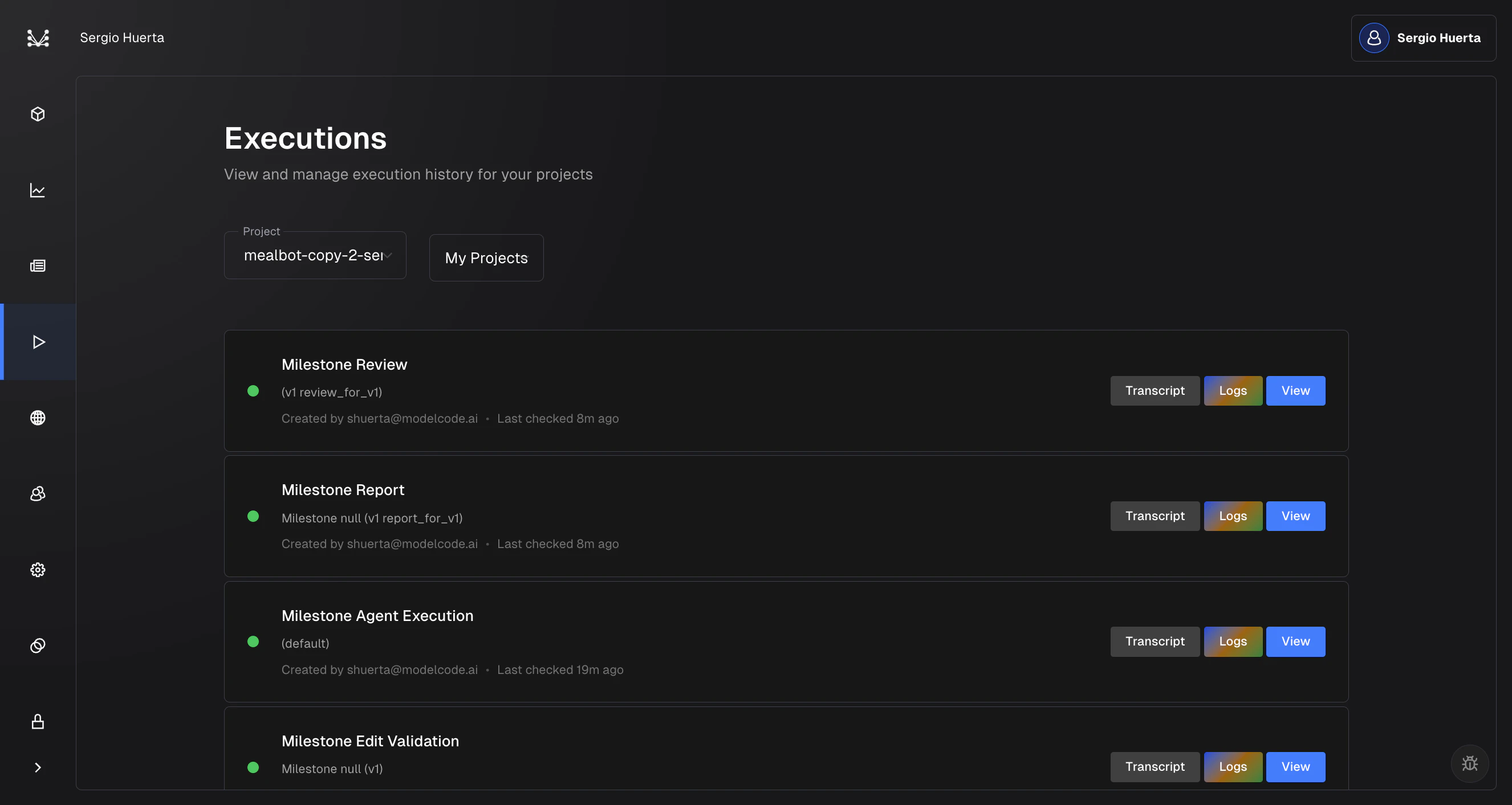 Execution history with Transcript, Logs, and View buttons