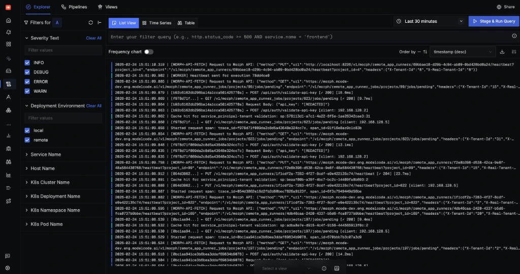 SigNoz log explorer showing execution logs with severity filters and timestamps