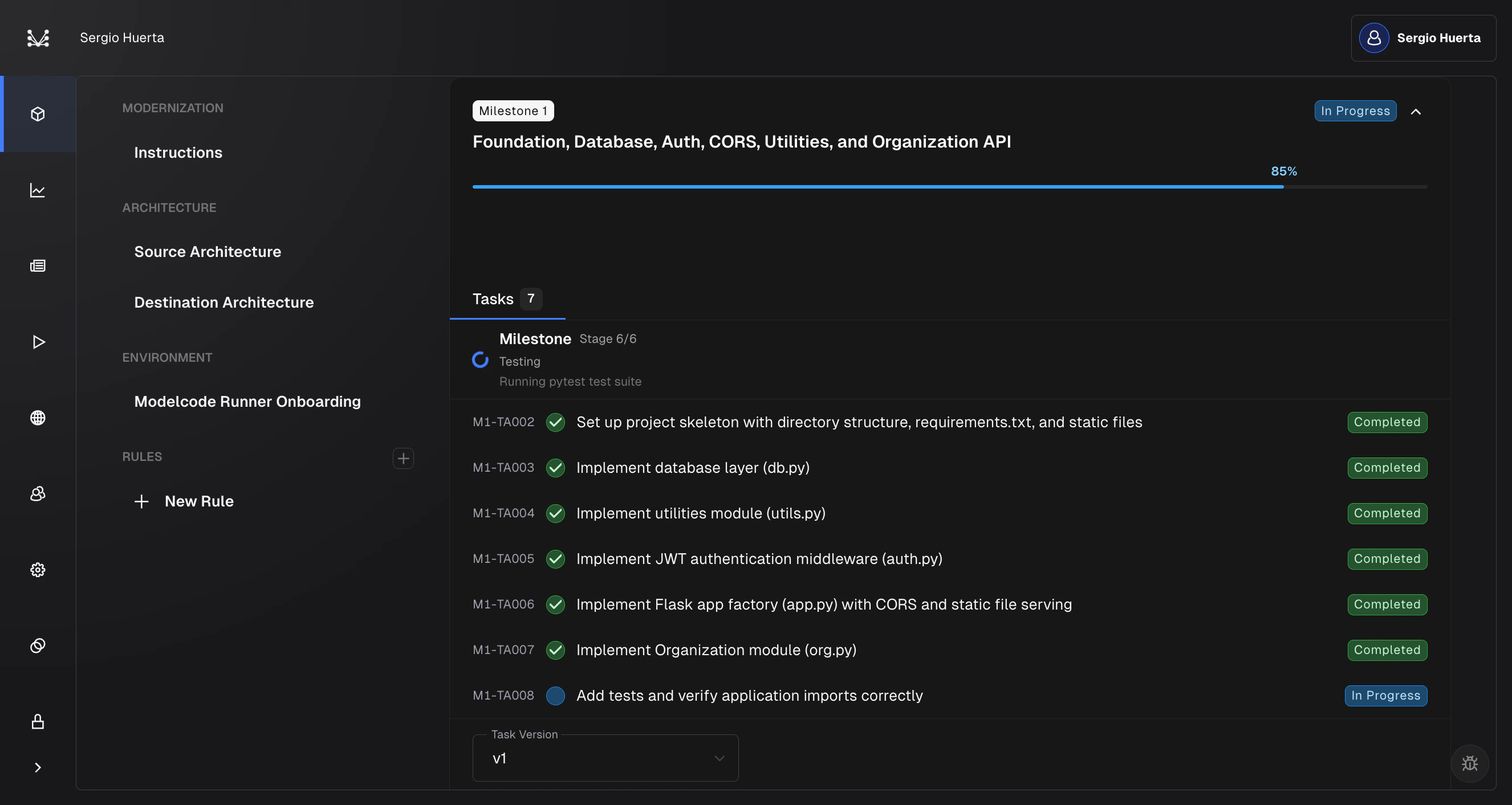 Testing stage at 85% with all implementation tasks completed