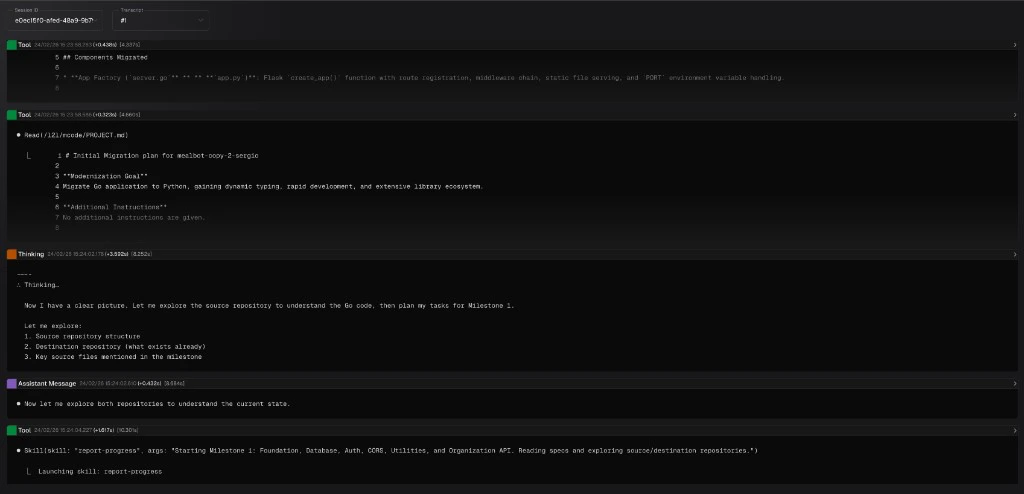 Transcript viewer showing message types with color-coded headers and timestamps